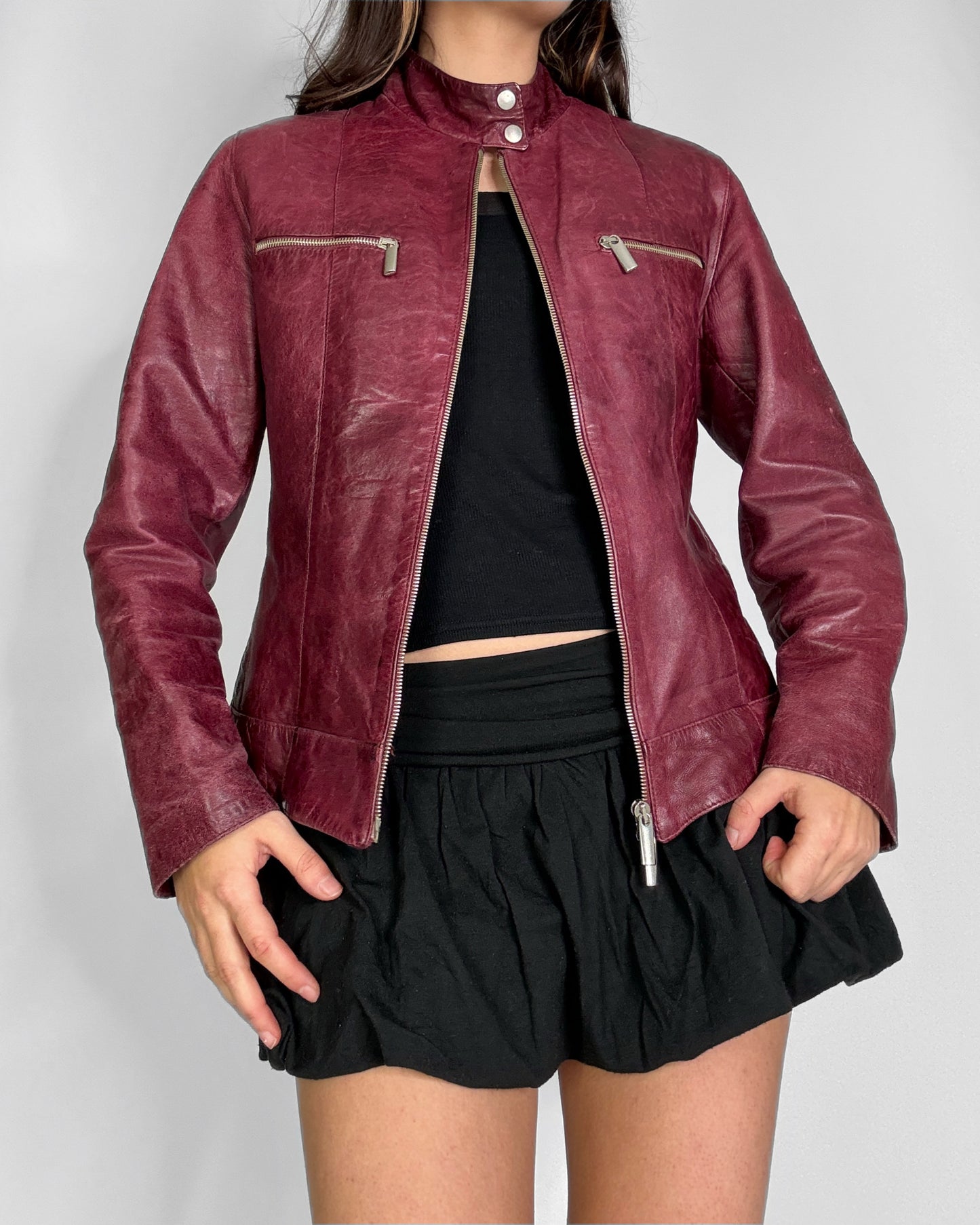 2000s burgundy leather Biker