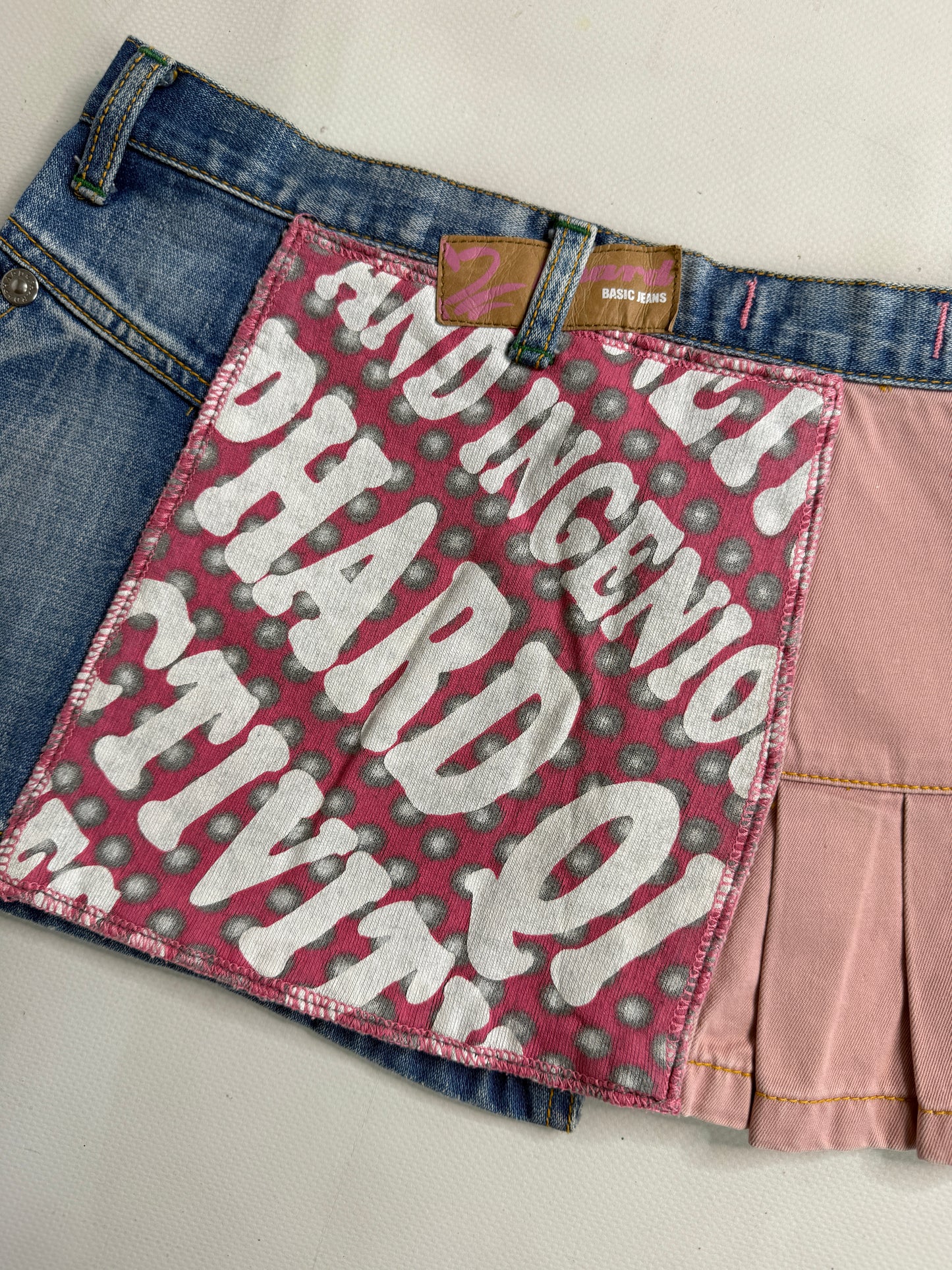 2000s graphic denim mini skirt