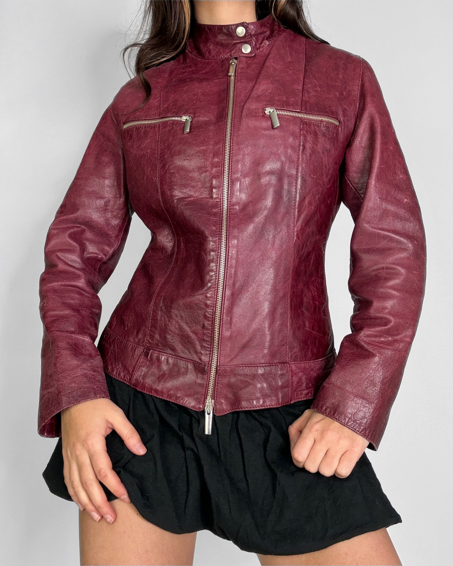 2000s burgundy leather Biker